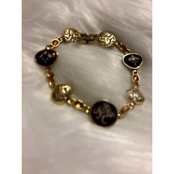 Gold-tone Vtg Scroll Charm Bracelet w/ Black Enamel, Yellow Crystal Accents 7.5” - Picture 4 of 11